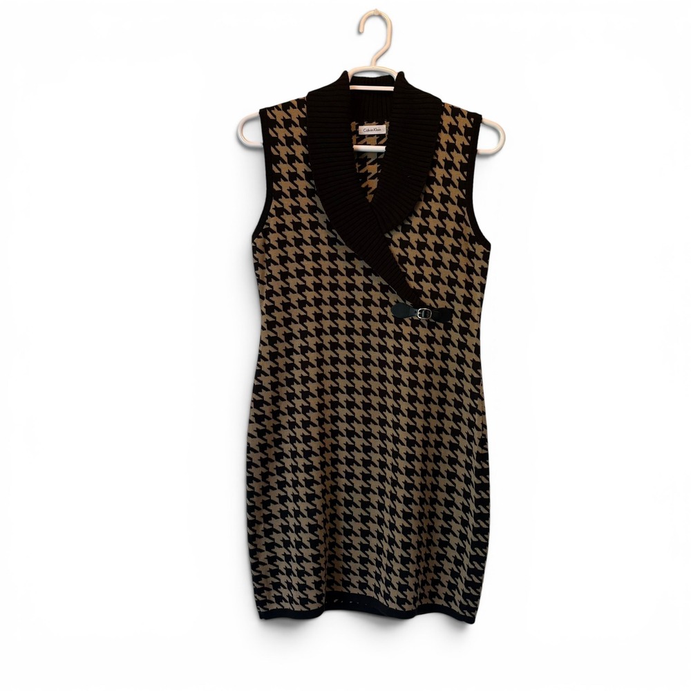 Calvin Klein Women"s Large‎ Houndstooth Shawl Collar Sweater Dress Black Tan